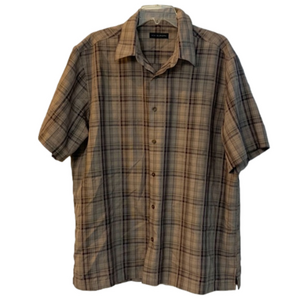 Via Europa Men's Button Down Short Sleeve Tan Plaid Lightweight Shirt Men's XL